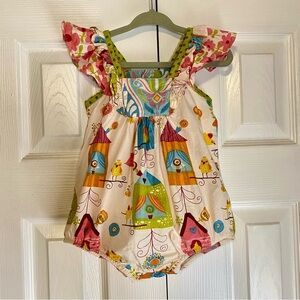 Jelly the Pug Bubble Romper Emily Birdhouse print 9 months